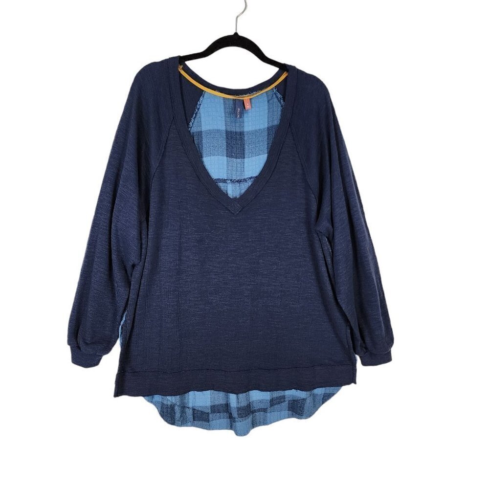 Anthropologie Pilcro Blue Plaid Back Long Sleeve Tunic Top‎ Pleated Back Boho Sm